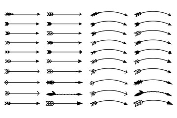 Hipster arrows. Arrows in boho style. Tribal arrows. Set of Indian style arrows. Rustic decorative arrows. Vector