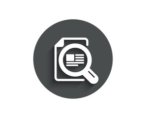 Check article simple icon. Ð¡opyright sign. Magnifying glass symbol. Circle flat button with shadow. Vector