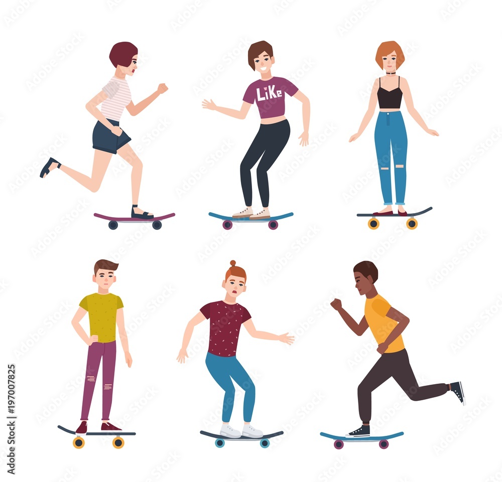 Sticker Collection of modern teenage skater boys and girls riding skateboards. Set of young teenagers skateboarding. Cute cartoon characters isolated on white background. Vector illustration in flat style.