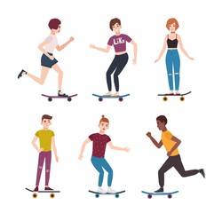 Fototapeta na wymiar Collection of modern teenage skater boys and girls riding skateboards. Set of young teenagers skateboarding. Cute cartoon characters isolated on white background. Vector illustration in flat style.