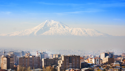 Beautiful view of Mountain Ararat and city Yerevan in spring, Armenia