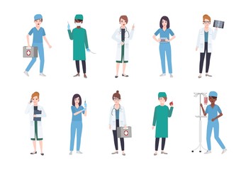 Set of female medical workers. Bundle of women medics dressed in white coats and scrubs - doctor or physician, paramedic, nurse, surgeon, laboratory assistant. Flat cartoon vector illustration.