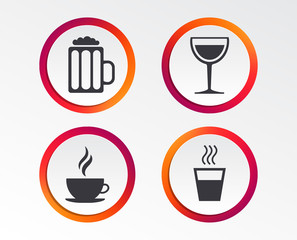 Drinks icons. Coffee cup and glass of beer symbols. Wine glass sign. Infographic design buttons. Circle templates. Vector
