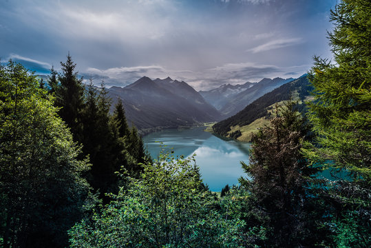 Summer sunny scene in the valley of Speicher Durlassboden lake in the Austrian Alps. View from Gerlos pass, Austria, Europe.