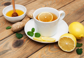 Cup of tea with lemon and ginger