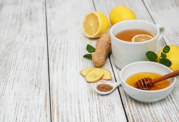 Cup of tea with lemon and ginger
