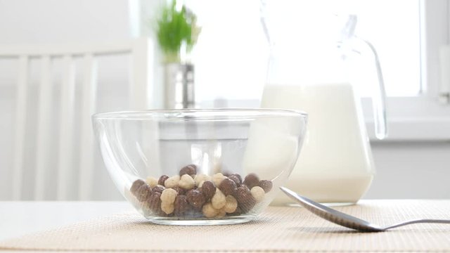Extreme Close Up Image with a Bowl with Tasty Cereals Mixed with  Fresh Milk