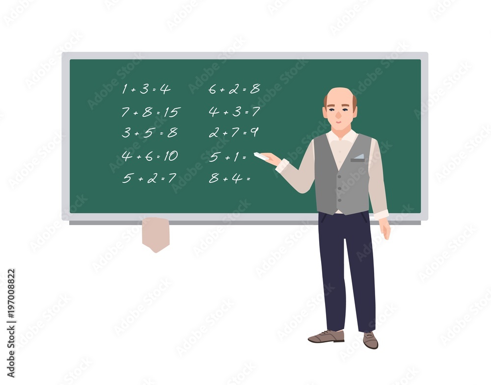 Poster male school math teacher writing mathematical expressions on green chalkboard. smiling man teaching 
