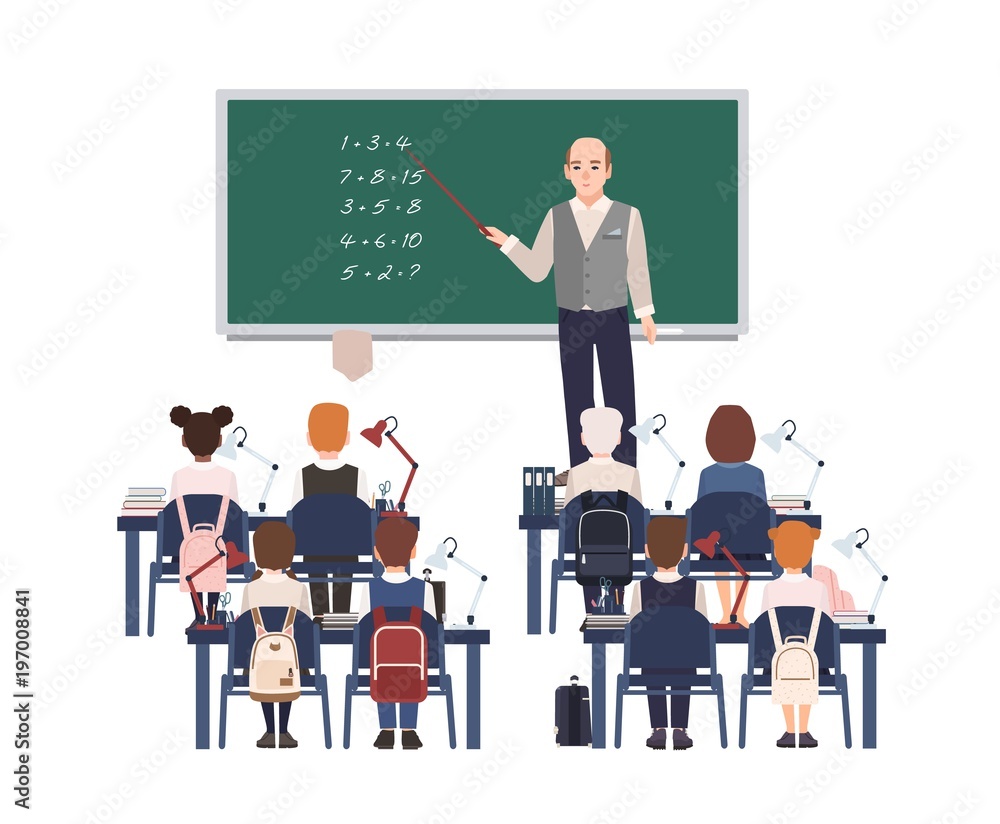 Poster male math teacher explaining addition to elementary school kids or pupils. friendly man teaching mat