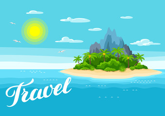 Fototapeta na wymiar Illustration of tropical island in ocean. Landscape with ocean, palm trees and rocks. Travel background