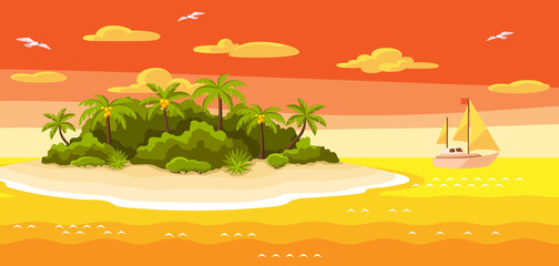 Fototapeta na wymiar Illustration of tropical island in ocean. Landscape with ocean, palm trees and yacht. Travel background