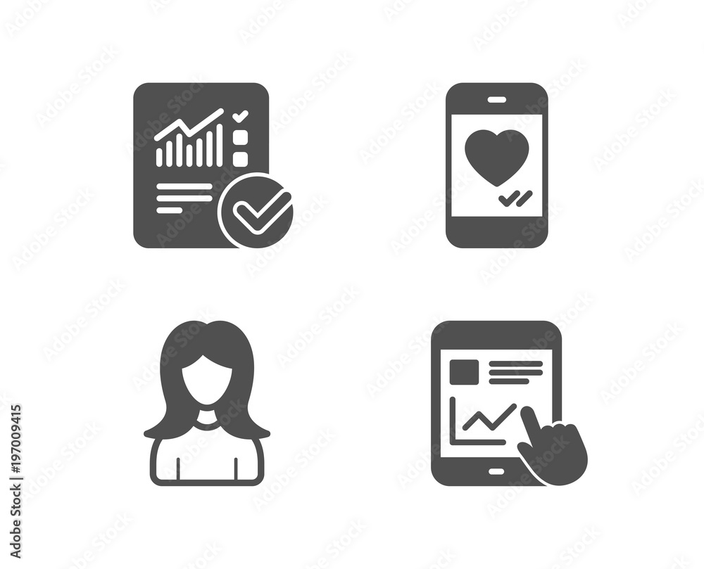 Poster set of woman, love chat and checked calculation icons. internet report sign. girl profile, smartphon