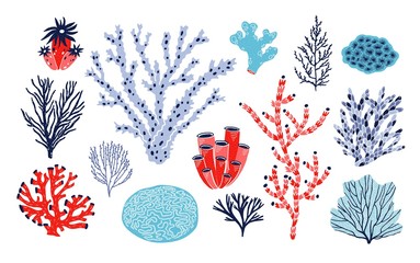 Set of different corals and seaweed or algae isolated on white background. Bundle of marine species, deep sea creatures, ocean flora and fauna. Underwater biodiversity. Colorful vector illustration. © Good Studio