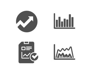 Set of Audit, Report checklist and Bar diagram icons. Trade chart sign. Arrow graph, Sales growth file, Statistics infochart. Market data.  Quality design elements. Classic style. Vector