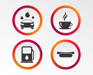 Petrol or Gas station services icons. Automated car wash signs. Hotdog sandwich and hot coffee cup symbols. Infographic design buttons. Circle templates. Vector