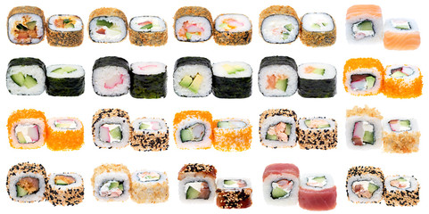 Collage of a sushi roll isolated over white background