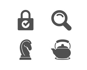 Set of Search, Password encryption and Marketing strategy icons. Teapot sign. Magnifying glass, Protection locker, Chess knight. Tea kettle.  Quality design elements. Classic style. Vector