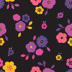 Seamless floral pattern with flowers and leaves on black background