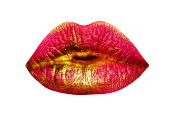 Beautiful lips. Female lips isolated on white background. Fashionable lipstick with gold shine. Cosmetics and makeup for a beautiful woman. Perfect mouth