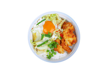 Jasmine rice with deep fried Chicken topped  soft boil eggs and fried pork with mixed vegetablein Japanese style.