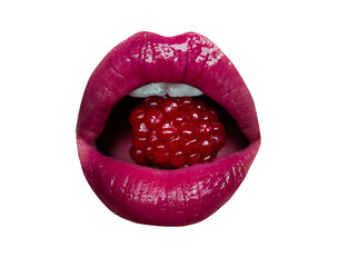 Lips with raspberry in mouth, isolated on white - 197011283