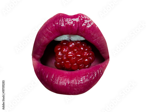 Raspberries In Sexy Mouth Female Lips And Teeth Lick Eat