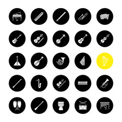Musical instruments glyph icons set