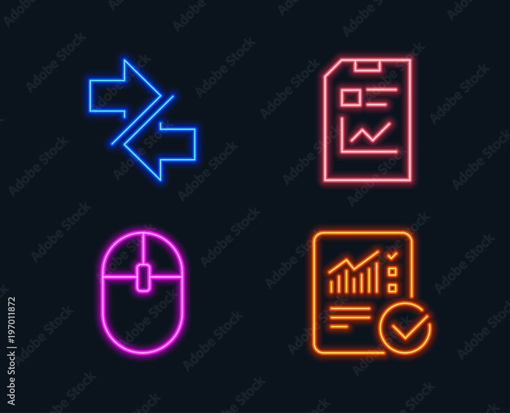 Aufkleber neon lights. set of synchronize, report document and computer mouse icons. checked calculation sign.