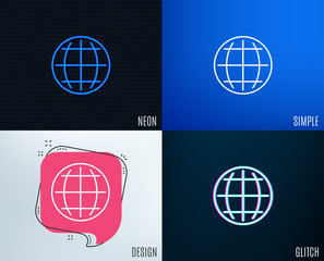 Glitch, Neon effect. Globe line icon. World or Earth sign. Global Internet symbol. Trendy flat geometric designs. Vector