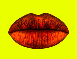 Lips icon, mouth of female on yellow background isolated. Glamour lipstick of red color for passion kiss. Sexy background for cosmetics or gifts for women