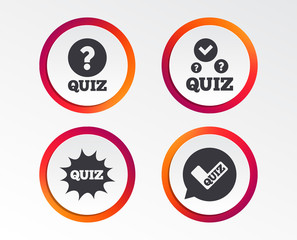 Fototapeta premium Quiz icons. Speech bubble with check mark symbol. Explosion boom sign. Infographic design buttons. Circle templates. Vector
