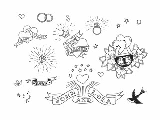 Set of hand drawn traditional tattoo elements. Vintage vector design for stickers ar prints.