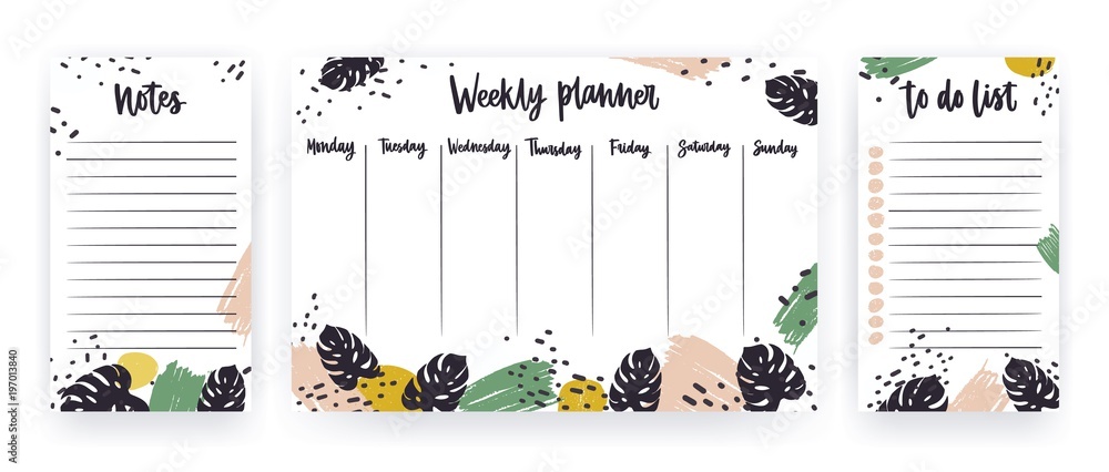 Poster creative weekly planner with week days, sheet for notes and to do list templates decorated with pain