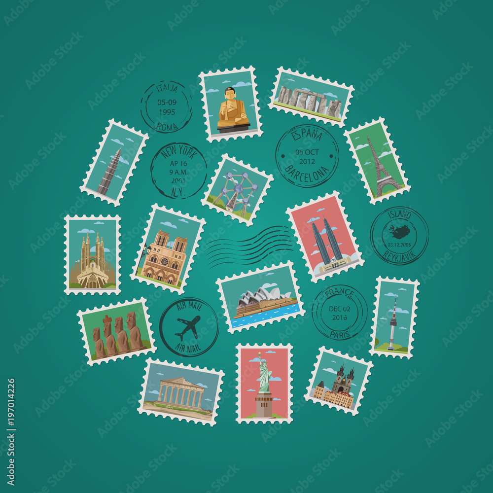 Wall mural Postage stamps and postmarks with famous architectural compositions vector illustration. Worldwide architecture attractions set, traditional and modern buildings. Stamp travel collection