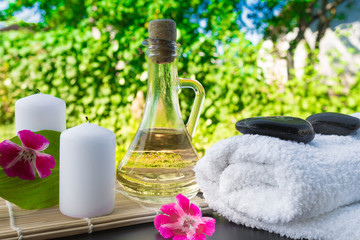 SPA composition with a shell and tonic sea crystals and candles in the nature against the background of greenery