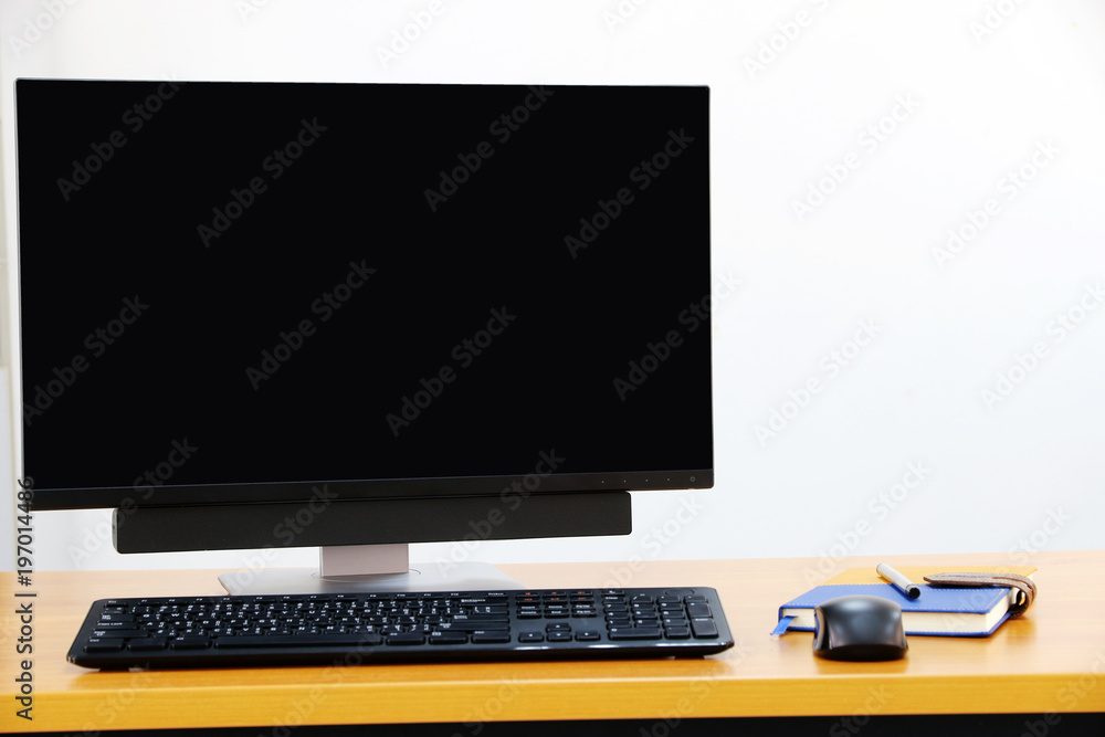 Poster blank screen computer, desktop pc. for business on work table front view