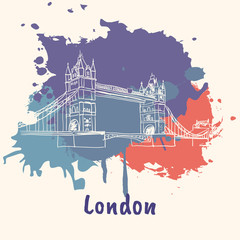 Bright impressions in London. Tower bridge doodle sketched white on blue and red paint spots with splashes vector illustration. Travel in Europe. Emotive touristic concept with architecture attraction