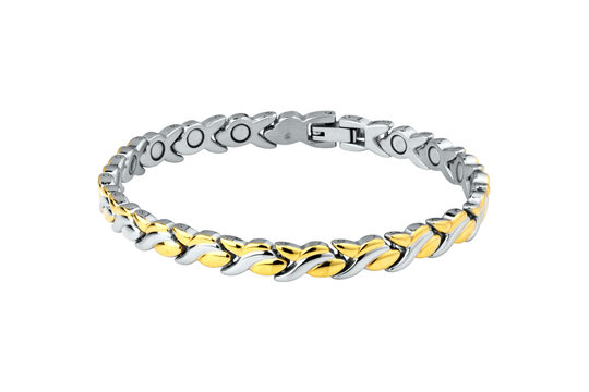 Beautifully handcrafted Women bracelet with silver and golden combination isolated with white background.