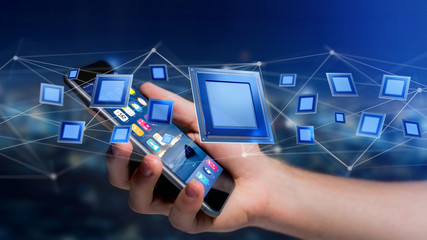 Businessman using a smartphone with a Processor chip and network connection - 3d render