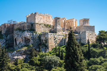 Fototapeta na wymiar view of Parthenon from the opposite mountain, the entrance to the parthenon