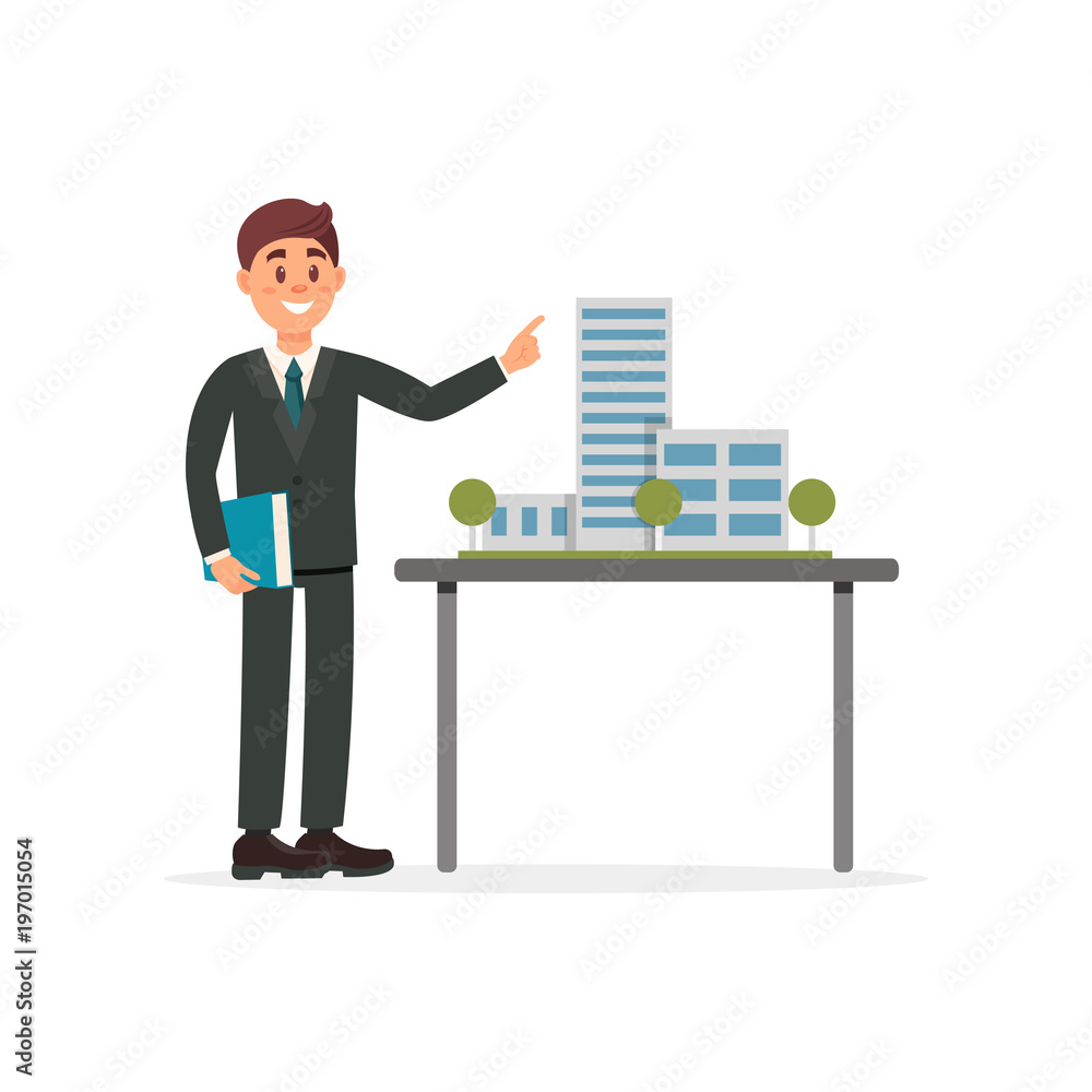 Poster architect builder character in hard hat presenting a model of new building vector illustration on a 