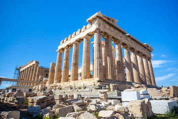 Parthenon temple on a sunny day. Acropolis in Athens, Greece