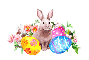 Easter bunny and colored eggs, grass, flowers. Watercolor