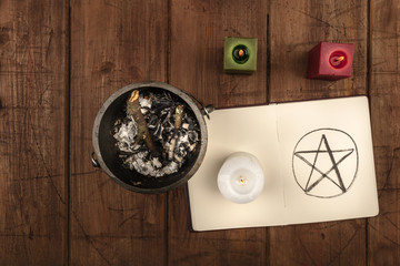 Overhead photo of cauldron, grimoire, and candles