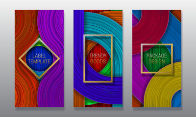 Luxury packaging design. Set of colorful labels templates for trendy goods. Colored backgrounds with beautiful golden frames.