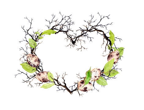 Easter eggs, branches, spring leaves. Heart shape. Watercolor floral wreath for Easter