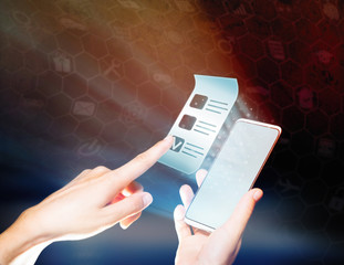 Woman's hand the pressing on the questionnaire icon. Concept of online testing, questionnaires,...