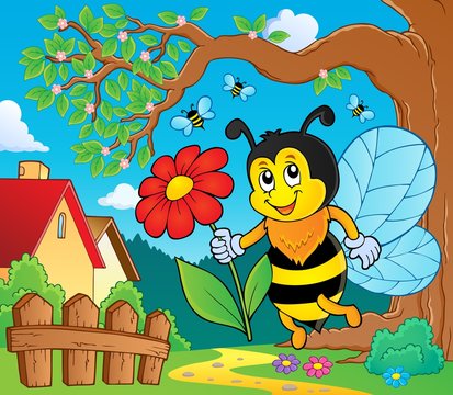 Happy bee holding flower theme 2