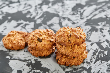 Top view close-up picture of tasty cookies on the cutting board, shallow depth of field, selective focus