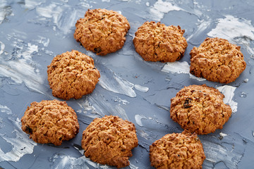 Top view close-up picture of tasty cookies on the cutting board, shallow depth of field, selective focus
